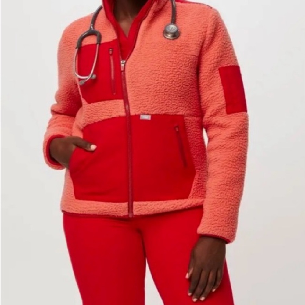 GORG!!! FIGS On Shift Sherpa Jacket Pop Red/ Coral Sz Small S Nurse Medical